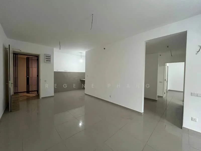 Room features: white painted walls, grey tiled flooring, recessed ceiling lights, open layout, doorway leading to another room, doorway leading to kitchen area, visible electrical outlets, no visible furniture; style: modern.