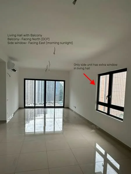 Living features: white painted walls, glossy tile flooring, floor-to-ceiling windows, sliding glass door to balcony, single window, air conditioning unit, recessed downlights, open layout; style: modern; view: city.