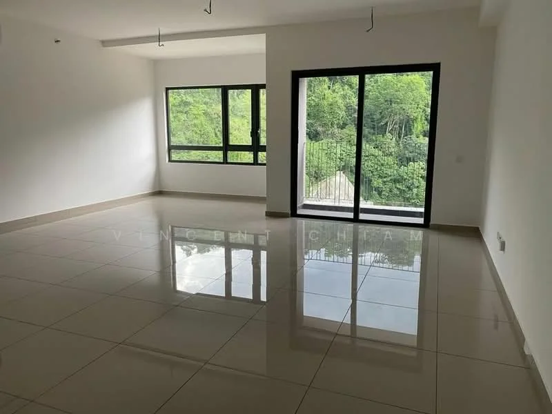 Living features: white painted walls, glossy ceramic tile flooring, floor-to-ceiling windows, black window frames, natural light, view of greenery, recessed downlights, no visible furniture; style: modern; view: garden.
