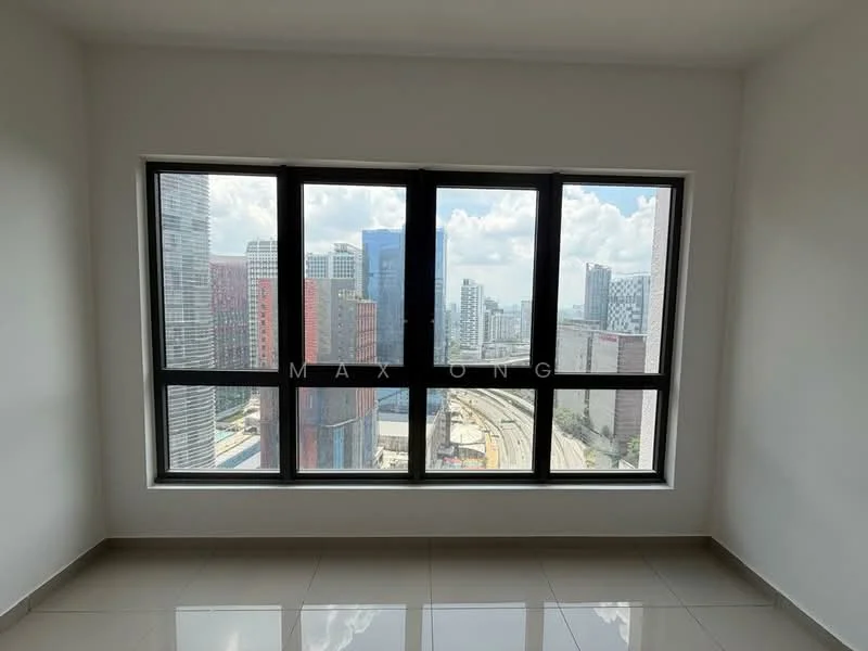 Room features: large floor-to-ceiling windows, city skyline view, white painted walls, glossy ceramic tile flooring, neutral color scheme, natural light, minimalist design; style: modern; view: city.