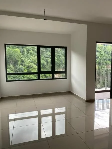 Room features: large floor-to-ceiling windows, white painted walls, glossy ceramic tile flooring, natural light from windows, view of greenery outside, balcony access, open layout, neutral color scheme; style: modern; view: garden.