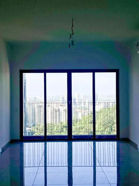 Room features: floor-to-ceiling windows, city view, polished tile flooring, white painted walls, recessed downlights, balcony access; style: modern; view: city.