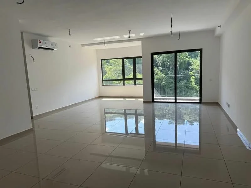 Living features: large floor-to-ceiling windows, sliding glass door, white painted walls, polished ceramic tile flooring, 1 wall-mounted split AC, recessed downlights, open layout, natural light from windows, view of greenery; style: modern; view: garden.