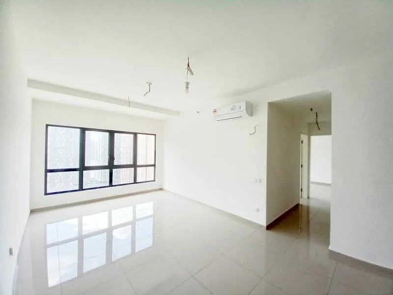 Room features: white painted walls, glossy ceramic tile flooring, floor-to-ceiling windows, 1 wall-mounted split AC, recessed downlights, open layout, no visible furniture, neutral color scheme; style: modern; view: city.