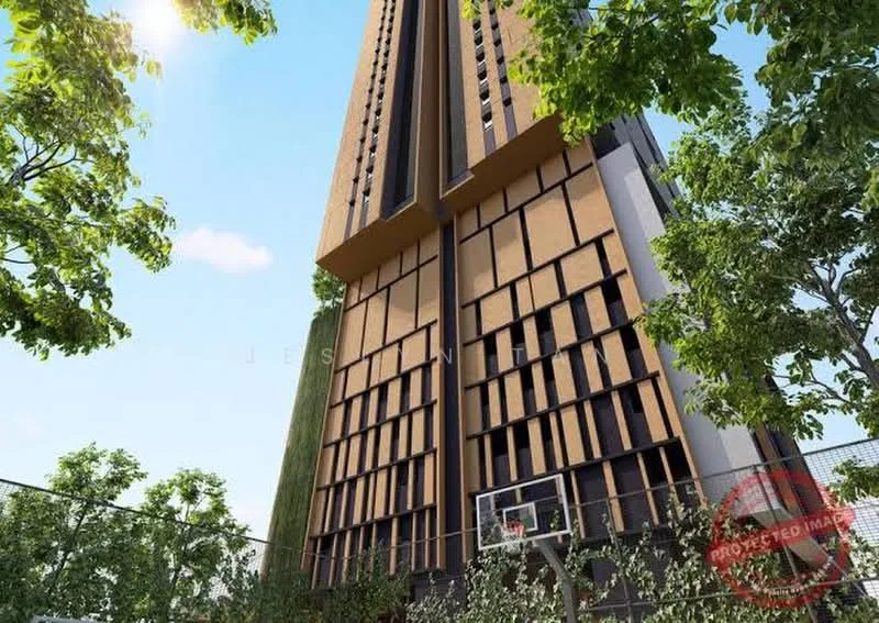 Exterior type: high-rise condominium; features: glass curtain wall, exposed concrete facade, vertical fins, basketball court, manicured landscaping, surrounded by trees, modern architectural design; style: modern.