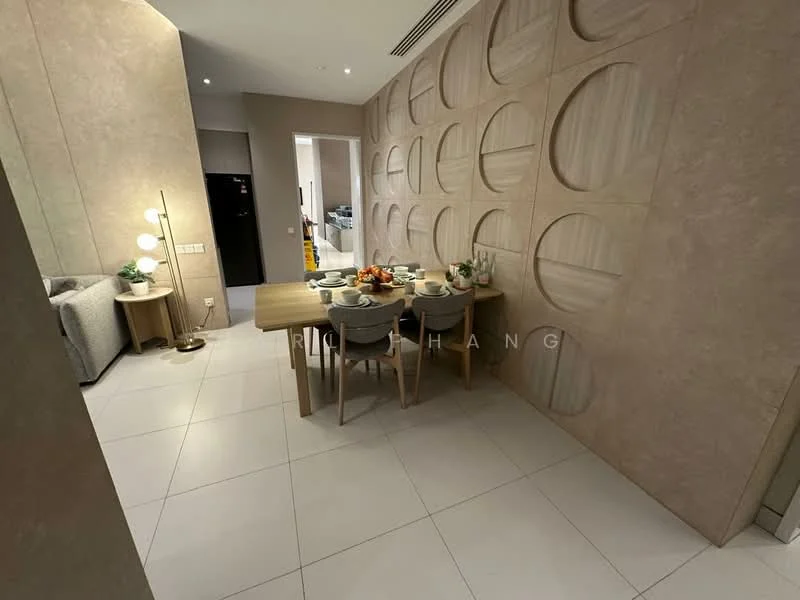 Dining features: round dining table, 4 upholstered dining chairs, decorative wall with circular patterns, neutral-toned wall finish, pendant lighting, large floor tiles, side table with lamp, fruit bowl on table; style: modern. Living features: fabric sofa, coffee table, decorative cushions; style: modern.