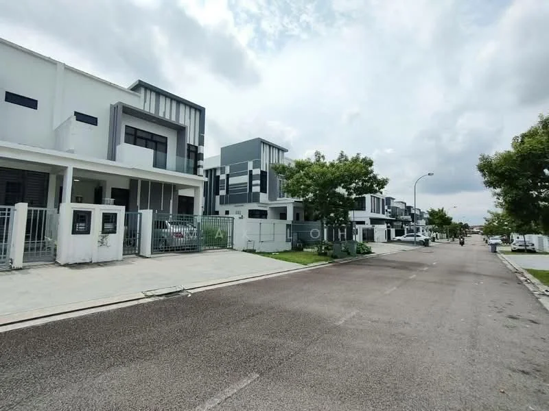 Exterior type: linked terrace house; features: white painted facade, grey accent panels, recessed balconies, manicured landscaping, paved walkway, street view, two-storey buildings, modern architectural design; style: modern.