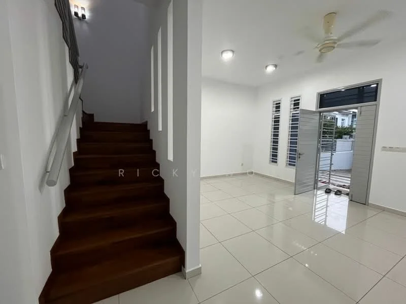 Room features: white painted walls, glossy ceramic tile flooring, staircase with wooden steps, ceiling fan, recessed downlights, large windows, sliding glass door, door with security grille, open space layout; style: modern; view: garden.
