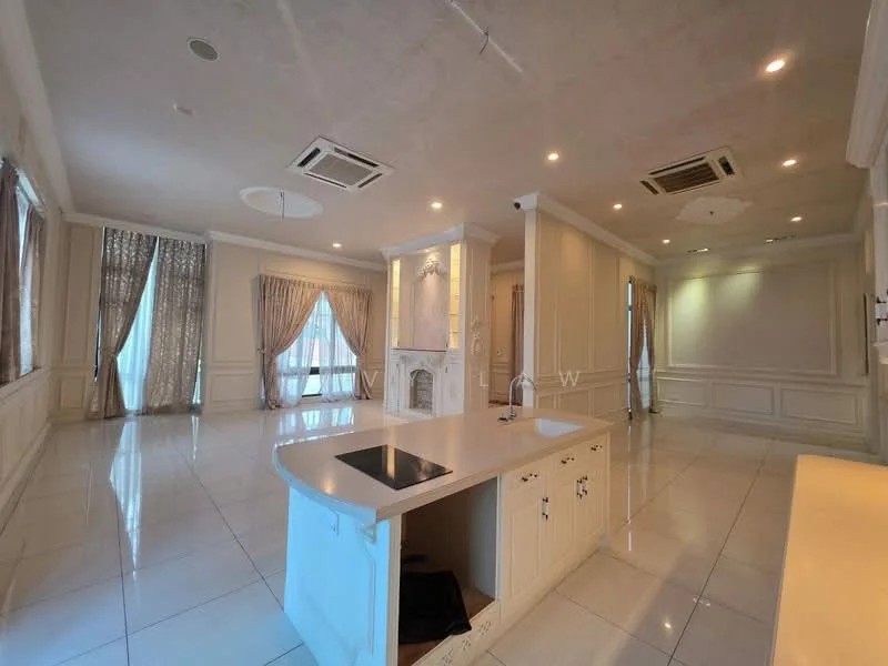 Living features: white painted walls with crown moulding, polished marble tile flooring, tray ceiling with recessed lighting, floor-to-ceiling windows with sheer curtains, central air conditioning unit, kitchen island with built-in cooktop, fireplace with decorative mantel, decorative wall paneling, multiple light fixtures, open layout connecting to kitchen, neutral color palette; style: luxury.