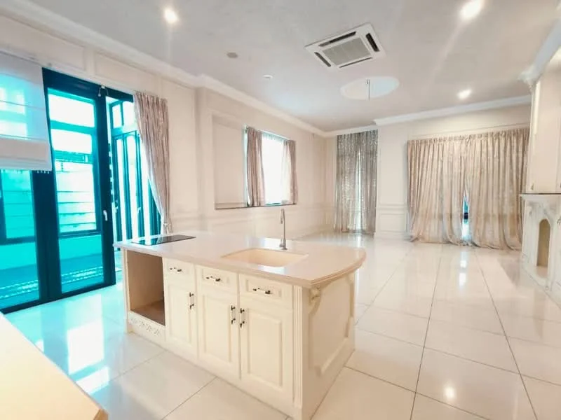 Kitchen features: island countertop with sink, white cabinetry, stainless-steel faucet, ceramic tile flooring, recessed downlights, floor-to-ceiling windows, sheer curtains, double sliding glass door, crown moulding, air conditioning unit; style: modern; view: garden.