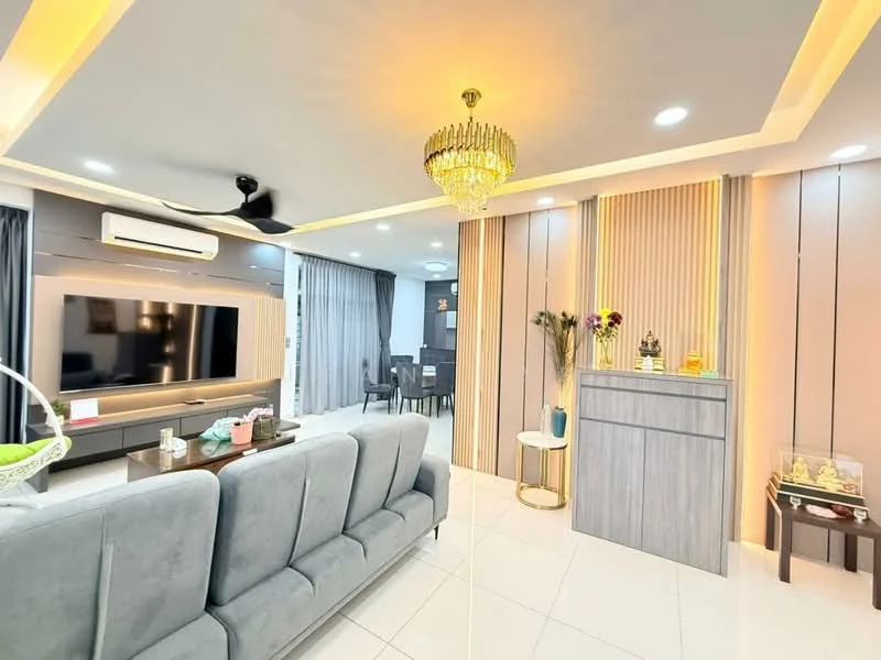 Living features: 3-seater fabric sofa in grey, chandelier, recessed downlights, wall-mounted TV, TV console, decorative wall paneling, white tiled flooring, ceiling fan, glass coffee table, decorative plants, open layout to dining area; style: modern.