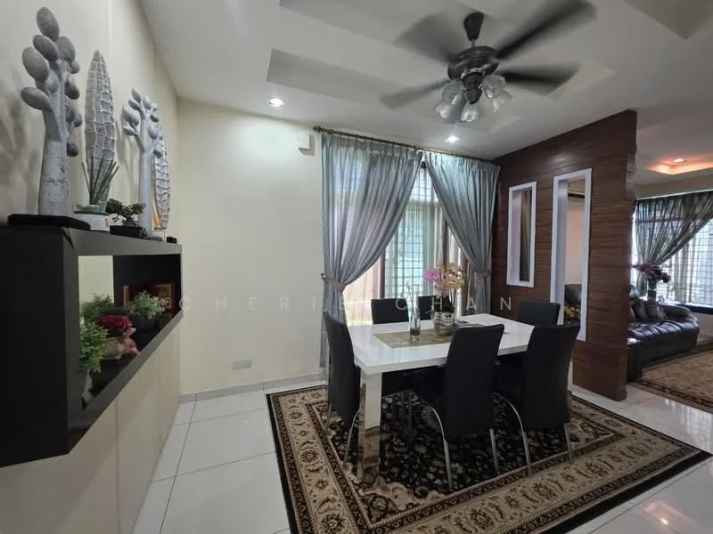 Dining features: white dining table, 6 dining chairs, decorative wall shelves, framed artwork on walls, grey curtains, ceiling fan with light, area rug with geometric pattern, tile flooring, wood accent wall, large windows, decorative plants; style: modern. Living features: brown leather sofa, coffee table, TV console, wall-mounted TV, decorative plants, area rug, recessed lighting; style: modern.