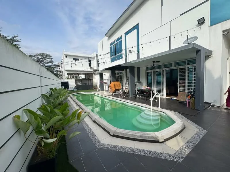 Exterior type: detached bungalow; features: swimming pool with steps, pool deck with loungers, outdoor seating area, landscaped garden with plants, white painted facade, sliding glass doors, string lights overhead, grey tiled flooring, fenced perimeter; style: modern.