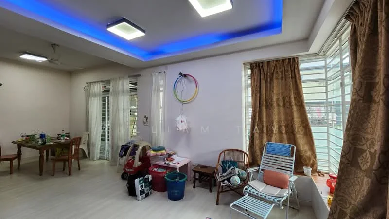 Living features: white painted walls, light wood flooring, recessed ceiling lights, blue LED ceiling lights, large windows with horizontal slats, curtains in brown, wooden dining table, plastic chairs, various storage bins, folding chair, decorative wall hangings; style: modern.