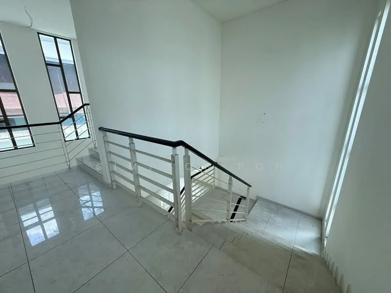 Room features: white painted walls, marble tile flooring, staircase with white railing, large windows allowing natural light, open space, high ceiling; style: modern.