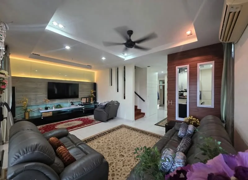 Living features: 3-seater leather sofa in grey, 2-seater leather sofa in grey, area rug with geometric pattern, wall-mounted TV, TV console, ceiling fan with light, recessed downlights, wood panel accent wall, white painted walls, marble flooring, decorative plants, staircase with wooden steps; style: modern.