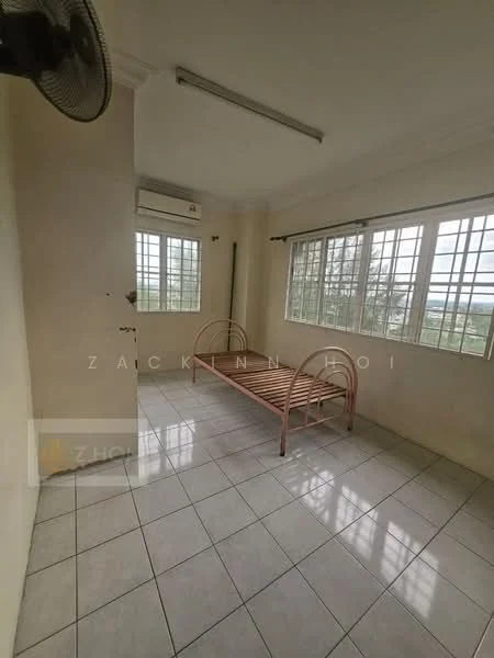 Room features: white painted walls, tile flooring, 1 window with grid design, ceiling fan, air conditioning unit, single metal bed frame, natural light from window, view of greenery outside; view: garden.