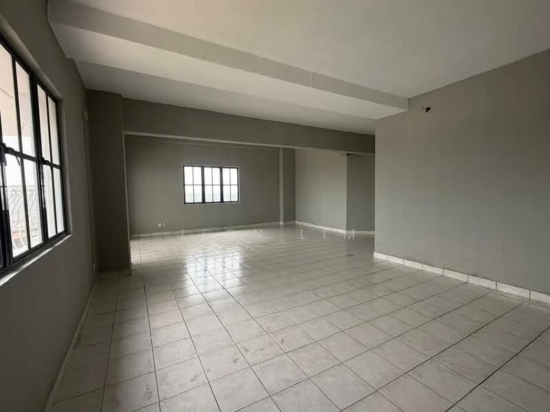 Room features: grey painted walls, white ceiling, tile flooring, large windows, natural light, open layout, no visible furniture, neutral color scheme; style: modern; view: city.