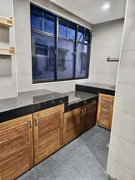 Kitchen features: black countertop, wood cabinetry with slatted doors, stainless-steel sink, single-bowl sink, wall-mounted faucet, grey tile flooring, large window with grid pattern, open shelving, recessed lighting; style: modern.