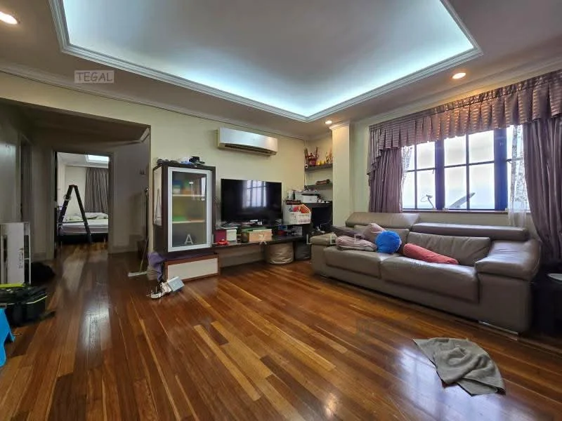 Living features: wooden flooring, sofa in beige, coffee table, wall-mounted TV, entertainment unit, recessed downlights, floor-to-ceiling window with curtains, air conditioning unit, decorative wall shelf, decorative items on shelves; style: modern. Room features: doorway leading to another room, visible bed in adjacent room.