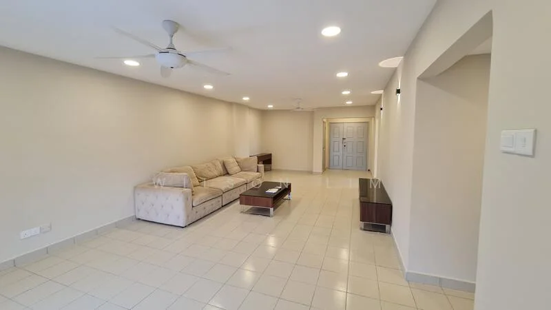Living features: 3-seater fabric sofa in beige, coffee table, wall-mounted TV, recessed LED downlights, 2 ceiling fans, white painted walls, tile flooring, neutral decor, open layout, doorway to hallway; style: modern.