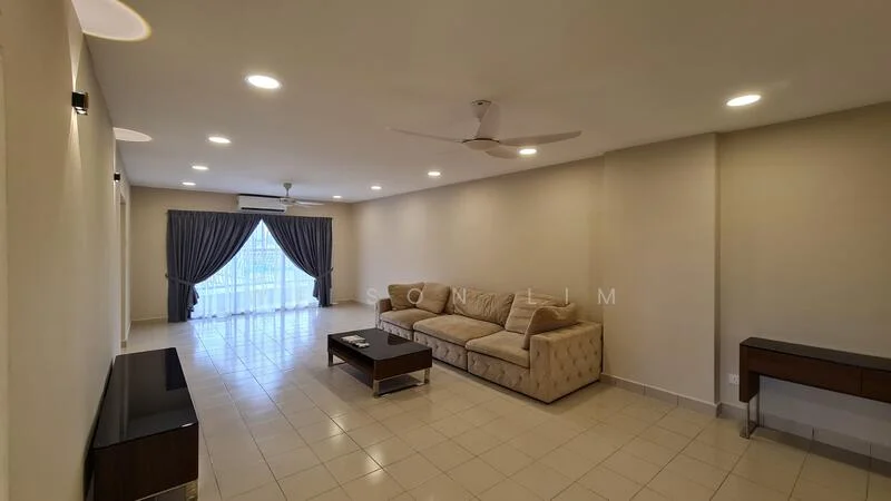 Living features: cream painted walls, white ceiling, recessed downlights, 5-blade ceiling fan, large windows with sheer curtains, tile flooring, 3-seater fabric sofa in beige, wood coffee table, TV console, area rug; style: modern.