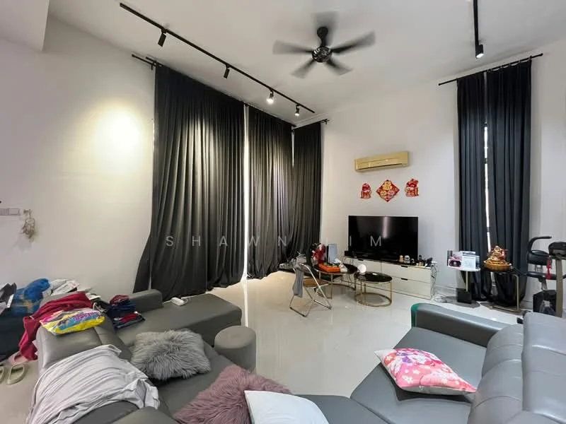 Living features: grey sectional sofa, white coffee table, wall-mounted TV, black curtains, recessed lighting, ceiling fan, decorative wall art, marble tile flooring, air conditioning unit, decorative cushions, small side table; style: modern.