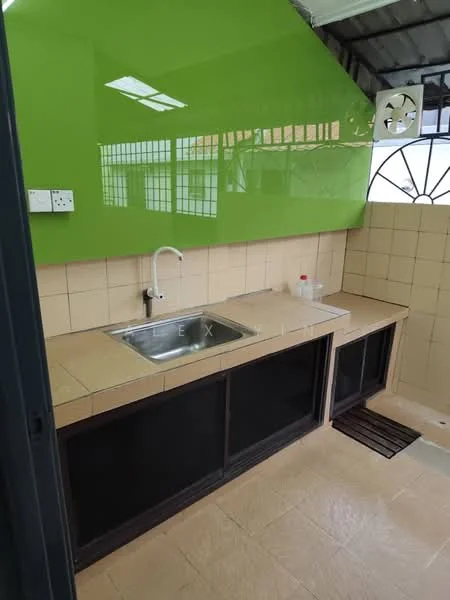 Kitchen features: single-bowl stainless-steel sink, chrome pull-down faucet, green accent wall, cream tiled backsplash, dark wood cabinetry, countertop with storage underneath, tile flooring, window for natural light, exhaust fan; style: modern.