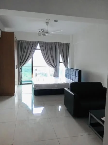 Living features: large floor-to-ceiling windows, grey curtains, white painted walls, polished ceramic tile flooring, 5-blade ceiling fan with light, black leather sofa, bed with upholstered headboard, bedside table, decorative wall art; style: modern; view: garden.