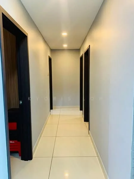 Hallway features: white painted walls, glossy white tile flooring, recessed LED downlights, black door frames, multiple doorways, neutral color scheme, straight corridor layout; style: modern.