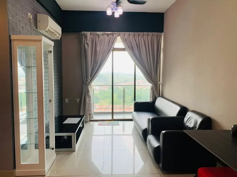 Living features: black leather 3-seater sofa, white glossy floor tiles, grey painted walls, exposed brick accent wall, floor-to-ceiling window, sheer curtains, ceiling fan, glass display cabinet, black TV console, small area rug; style: modern; view: city.