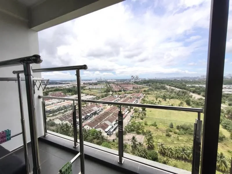 Room features: floor-to-ceiling windows, glass balcony railing, grey tiled flooring, clothes drying rack, city skyline view, green landscape view; style: modern; view: city.
