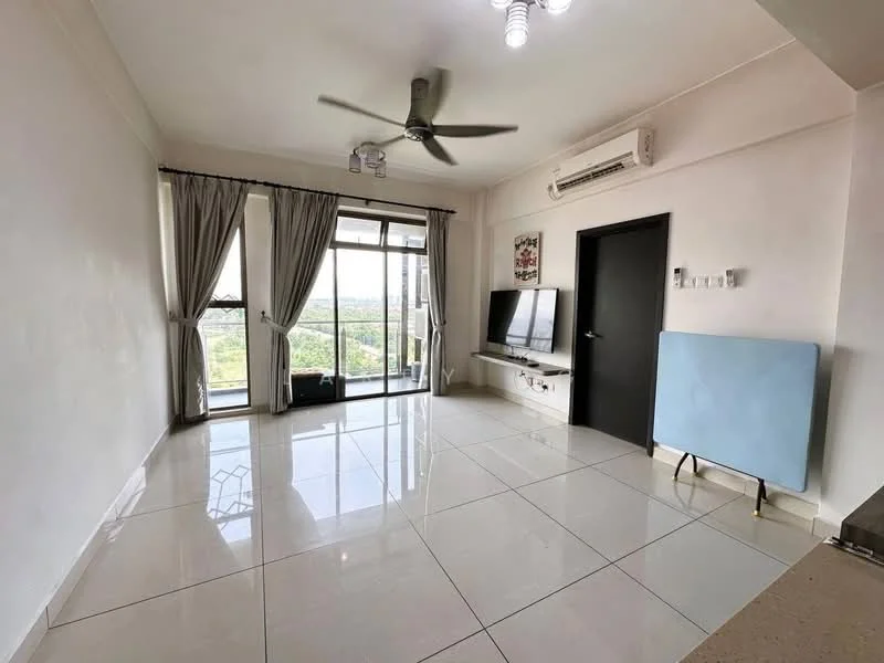 Living features: white painted walls, glossy white tile flooring, 5-blade ceiling fan with light, floor-to-ceiling windows, sliding glass door, curtains, wall-mounted TV, TV console, air conditioning unit, decorative wall art, light fixtures, open layout; style: modern; view: city.