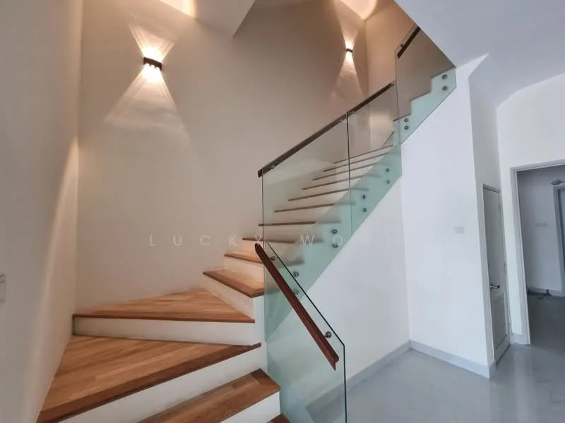 Room features: wooden staircase with glass railing, white painted walls, recessed wall lights, grey tile flooring, open space, modern design; style: modern.