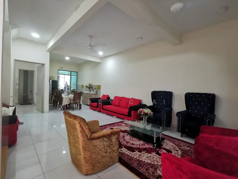 Living features: red fabric sofa, 2-seater red sofa, 2 armchairs with blue upholstery and studs, area rug with intricate pattern, white painted walls, recessed ceiling lights, ceiling fan, large window with natural light, dining table with chairs visible in background, tile flooring; style: modern.