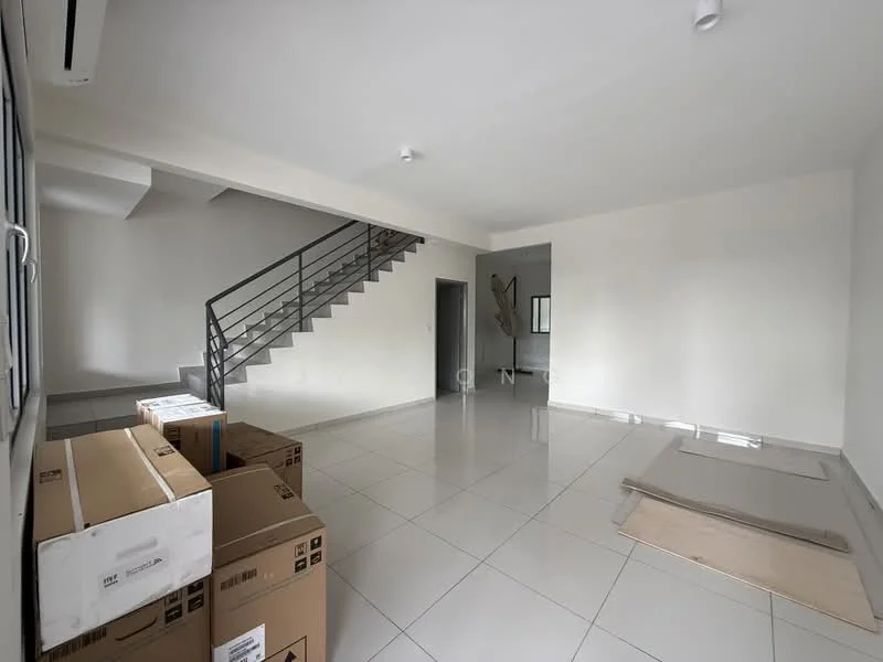 Living features: white painted walls, glossy ceramic tile flooring, large windows, staircase with metal railing, air conditioning unit, neutral color scheme, open layout, boxes stacked in the corner, area rug, light fixtures on ceiling; style: modern.