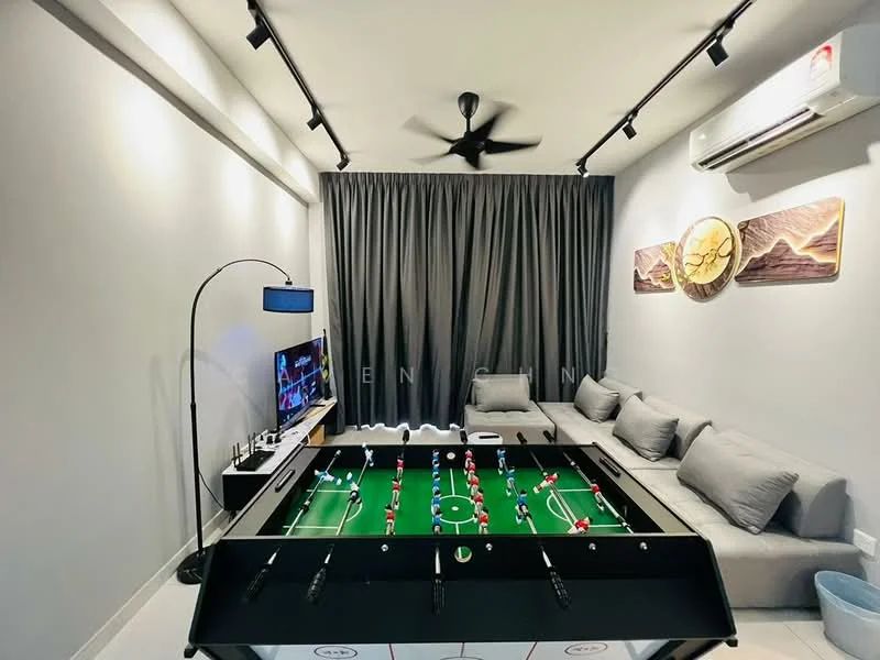 Living features: grey fabric sofa, coffee table, wall-mounted TV, 5-blade ceiling fan with light, recessed LED downlights, grey curtains, decorative wall art, white walls, tile flooring, floor lamp; style: modern.