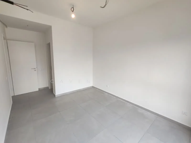 Room features: white painted walls, grey tile flooring, single door, recessed ceiling lights, no visible furniture, empty space, neutral color scheme; style: modern.