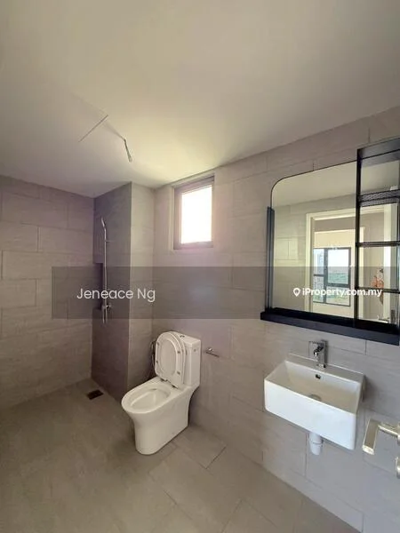 Bathroom features: walk-in shower with glass enclosure, chrome handheld shower, one-piece toilet, wall-mounted sink, framed mirror, grey tile flooring, grey tile walls, window for natural light; style: modern.