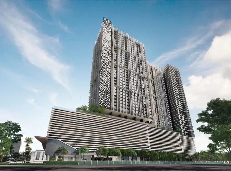 Exterior type: high-rise condominium; features: glass curtain wall, exposed concrete facade, recessed balconies, vertical fins, feature lighting at night, manicured landscaping, surrounded by mature greenery, multi-storey car park, double-volume main lobby; style: modern.