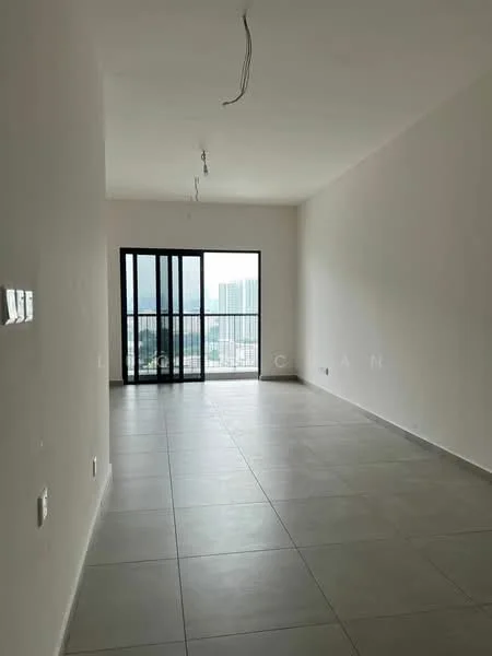 Living features: white painted walls, grey floor tiles, floor-to-ceiling windows, sliding glass door, city view, recessed ceiling lights, open layout, no visible furniture; style: modern; view: city.