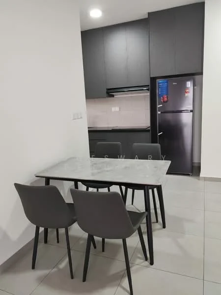 Dining features: marble dining table, 4 dining chairs in grey, grey cabinetry, stainless-steel fridge, built-in kitchen cabinets, white tiled backsplash, grey tiled flooring, recessed ceiling lights; style: modern.
