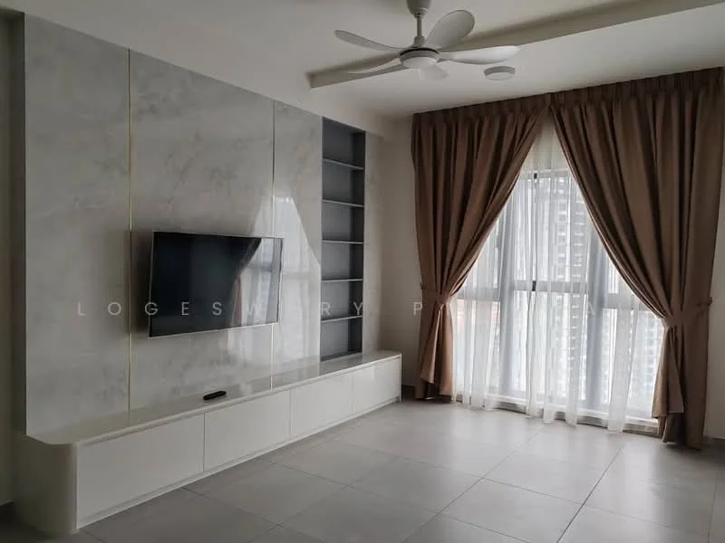 Living features: light grey marble feature wall, white built-in TV console, wall-mounted flat-screen TV, floor-to-ceiling windows, sheer white curtains, brown drapes, ceiling fan with light, light grey tiled flooring; style: modern; view: city.