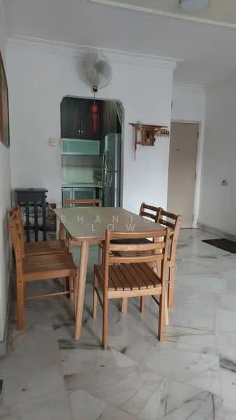 Dining features: wooden dining table, 4 wooden dining chairs, marble flooring, wall-mounted fan, open kitchen view, light-colored walls, doorway to hallway, decorative wall hanging; style: modern.