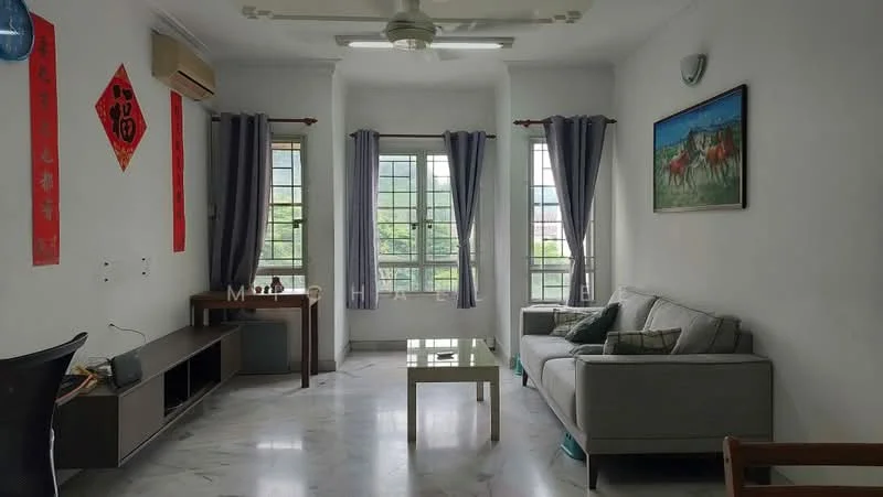 Living features: grey fabric sofa, coffee table, TV console, wall-mounted TV, marble flooring, white painted walls, ceiling fan, floor-to-ceiling windows, curtains, decorative artwork, decorative items on shelves; style: modern; view: garden.