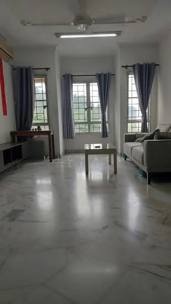 Living features: marble flooring, white painted walls, 5-blade ceiling fan with light, floor-to-ceiling windows, sheer curtains, grey fabric sofa, coffee table, TV console, decorative wall art; style: modern; view: garden.