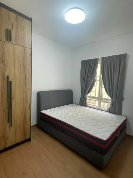 Bedroom features: queen-size bed, upholstered headboard, wooden wardrobe with sliding doors, grey curtains, laminate flooring, ceiling light fixture, window with view, white painted walls; style: modern.