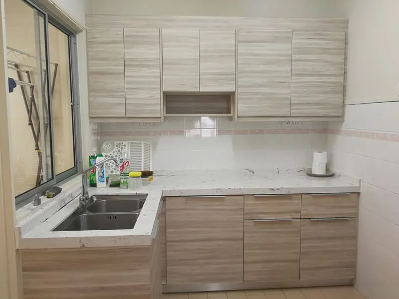 Kitchen features: single-bowl stainless-steel sink, chrome pull-down faucet, marble countertop, wood cabinetry with light finish, upper cabinets with horizontal wood grain, white tile backsplash, built-in kitchen cabinet, window above sink, light-colored tile flooring; style: modern.