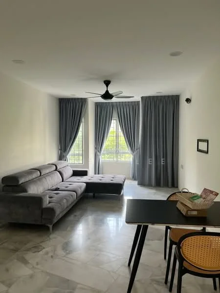 Living features: 3-seater fabric sofa in grey, sectional sofa, marble flooring, 5-blade ceiling fan, floor-to-ceiling windows, grey curtains, dining table with chairs, decorative wall-mounted mirror; style: modern; view: garden.
