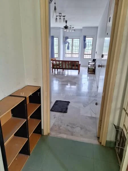 Living features: marble flooring, 5-blade ceiling fan, large windows with blue curtains, wooden sofa set, coffee table, wall-mounted TV, decorative wall, neutral wall color; style: modern. Room features: built-in shelving unit, green tiled flooring, doorway leading to living area.